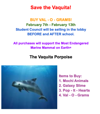 Elaina's creative Val-o-gram flyer brings love and support to vaquita conservation efforts at her school's Valentine's Day fundraiser.
